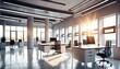 Heller Büroraum - unscharft als Hintergrund mit Glasfassade im Sonnenlicht