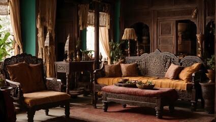 Living room with fireplace. Vintage Indian living room adorned with intricately carved wooden furniture, antique textiles, and traditional artifacts.