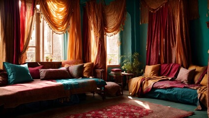 Bedroom where the colors and patterns of traditional Indian saris are translated into textiles, cushions, and drapery. More detail, vibrant colors, sunlight.