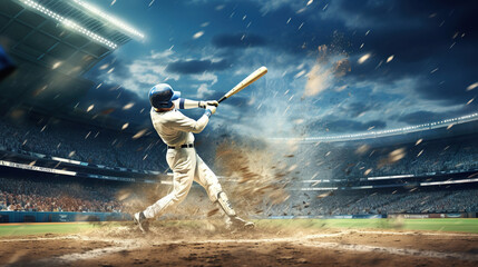 Poster - professional baseball player hitting ball at crowded stadium, generative AI