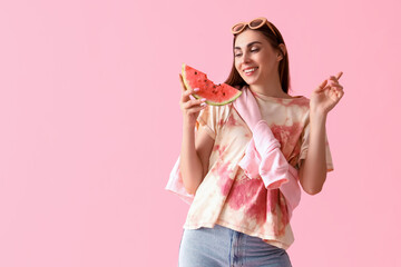 Sticker - Young woman with fresh watermelon on pink background