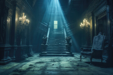 Staircase set against the backdrop of a time-worn and forsaken mansion hall, evoking a chilling atmosphere