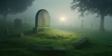An Ancient Burial Stone Standing Amidst A Dense Fog, With Shadowy Gravestones And Trees At The Background