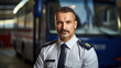 © PaulShlykov - Happy public transport driver in front of bus looking at camera. Copy space.