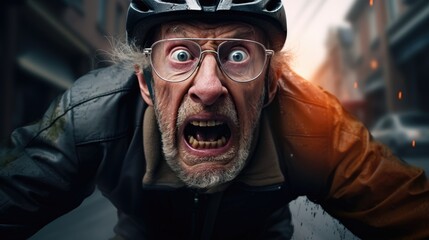 Wall Mural - Elderly funny pensioner with terrified look rides a bike in urban traffic. Generative AI