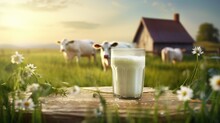 Glass Of Milk On Blurred Farm Background And Place For Text. Concept Of Eco Farm Fresh Product, Healthy Food