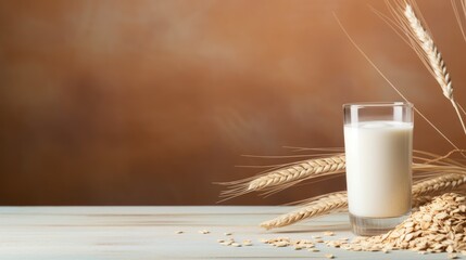 Alternative oat milk background with glass of milk and place for text. Plant based eco organic healthy product concept