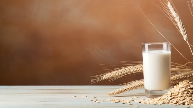 Alternative oat milk background with glass of milk and place for text. Plant based eco organic healthy product concept