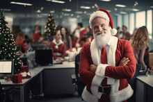 Gentle, Kind And Smiling Santa Claus With Official Red Suit Stand In The Busy Office Which Decorated By Christmas Decoration In Front Of Crowd Of Employees During Christmas Time.