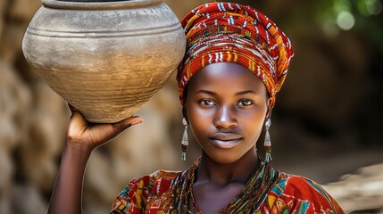 African woman in national dress with a jug on her hand. Close-up portrait of a smiling girl in a traditional style. Illustration for banner, poster, cover, flyer, brochure or presentation.