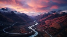Drone Photography, Hovering Over A Breathtaking Mountain Pass, A Winding Road Snaking Through The Peaks, The First Light Of Dawn Painting The Sky In Hues Of Pink And Orange