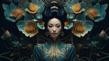 Image of beautiful young geisha woman in traditional japanese kimono. Japan concept