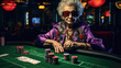 © piai - Elderly woman addicted to gambling  is sitting at the poker table with poker face. Generative AI