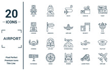 Airport Linear Icon Set. Includes Thin Line Seat, Luggage, Steering, Footbridge, Airplane, Airplane, Pilot Hat Icons For Report, Presentation, Diagram, Web Design