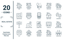 Real Estate Linear Icon Set. Includes Thin Line Home, Architechture, Sale, Sofa, Dinning Room, Balcony, Real Estate Agency Icons For Report, Presentation, Diagram, Web Design