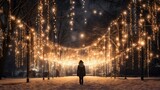 Fototapeta Fototapeta Londyn - girl in the park adorned with strings of twinkling lights against a snowy backdrop, capturing the whimsy and magic of the winter season.