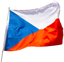 Large Flag Of Czech Republic Fixed On Metal Stick Waving. Isolated Over White Background