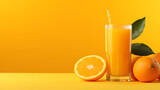 orange juice with fresh fruit on yellow background