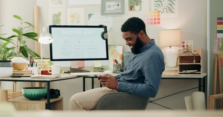 Poster - Business, office and black man with smartphone, typing and computer screen with graphic designer, social media and network. African person, employee or worker with a cellphone, mobile app or internet