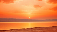 Dead Sea Sunrise Over A Body Of Water, In The Style Of Flickr, Light Red And Yellow,