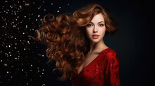 Generative AI, Beautiful European Curly Brunette Girl In A Red Shiny Evening Dress On A Dark Background, Happy New Year, Christmas, Celebration, Party, Elegant Woman, Amazing Lady