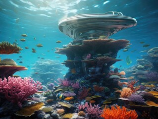 Wall Mural - a underwater scene with a ship and corals