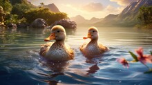Two Ducks Swimming In Water