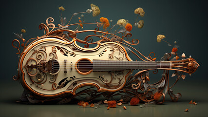 Music concept. Elven stringed instrument overgrown with flowers and leaves on a dark background, lute, fantasy guitar and strings, space for text