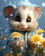 A Cartoon Mouse Holding Yellow Flowers