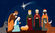 Christmas manger with joseph mary jesus christ and three wises characters Vector