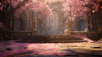 Wall Mural - Outdoor throne room surrounded by pink blossoms blowing in the wind, leaves and trees, video game concept art