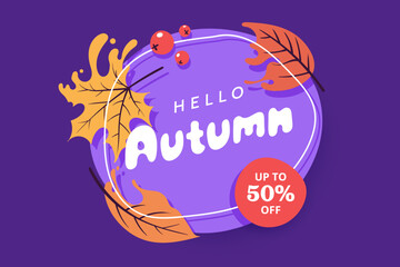 Wall Mural - Hello autumn circle badge with colorful falling leaves around. Decorative autumn sticker design. Ideal for promo, banner, social media. Vector illustration.