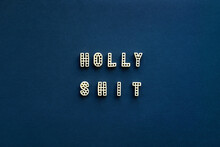 Conceptual Photo Of Lettering ‘Holly Shit’ Made Up Of Alphabet Pasta Against Dark Blue Background, Close-up View  