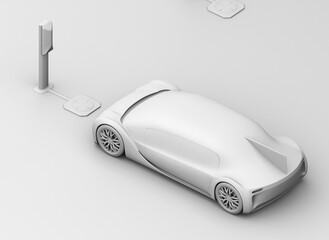 Wall Mural - Isometric view of futuristic electric car driving into wireless charging parking lot. Clay rendering style. 3D rendering image.