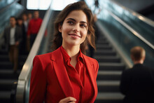 Woman Wearing Red Suit Stands Confidently In Front Of Escalator. This Image Can Be Used To Represent Professionalism, Confidence, And Success In Various Business And Corporate Contexts.