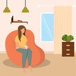 Cute girl drinking hot coffee on a pillow Hygge lifestyle Vector