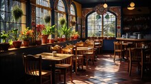 A Mexican Restaurant In The Sunlight With Empty Tables. Generative AI. 