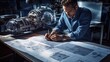 aerospace engineer reviewing blueprints for a spacecraft generative ai