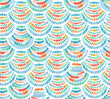 Geometric ornament of mermaid fish scales in blue, green, orange, red colors. Seigaiha print. Hand-painted seamless pattern.