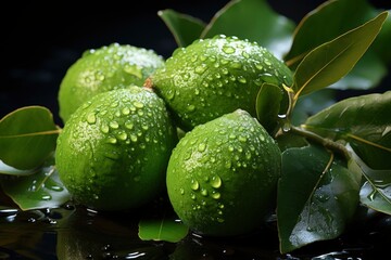 Wall Mural - Fresh green feijoa  with water drops side view.