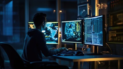 Wall Mural - software engineer coding at a computer workstation generative ai