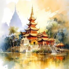 Wall Mural - beautiful golden pagoda Thai style with river view