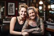 © Postproduction - Tattoo experience: woman in 50s, daughter together. Happiness evident. Concept of intergenerational bond.