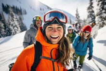 Group Of Young People Taking A Selfie With A Smart Phone While Skiing And Snowboarding In A Ski Centar On A Mountain