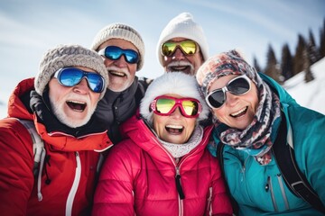 Group of senior people taking a selfie with a smart phone while skiing and snowboarding on a ski resort on a snowy mountain during winter