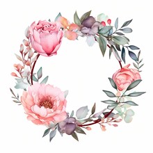 Pretty Floral Frame With Peony And Rose And Eucalyptus In Watercolor Style