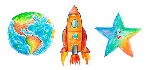  Kid's drawing set with the planet earth, a rocket and a star over isolated transparent background