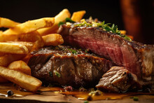 A Tantalizing Close-up Of A Sizzling Steak Frites, Featuring A Perfectly Grilled Medium-rare Steak Atop A Heap Of Crispy Fries