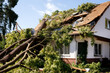 Tree falls on a house roof during storm. Insurance damage,mud,destruction