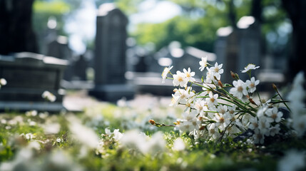 Tomb adorned with white flowers on All Souls' Day. Tombstone decorated with white flower in the cemetery.